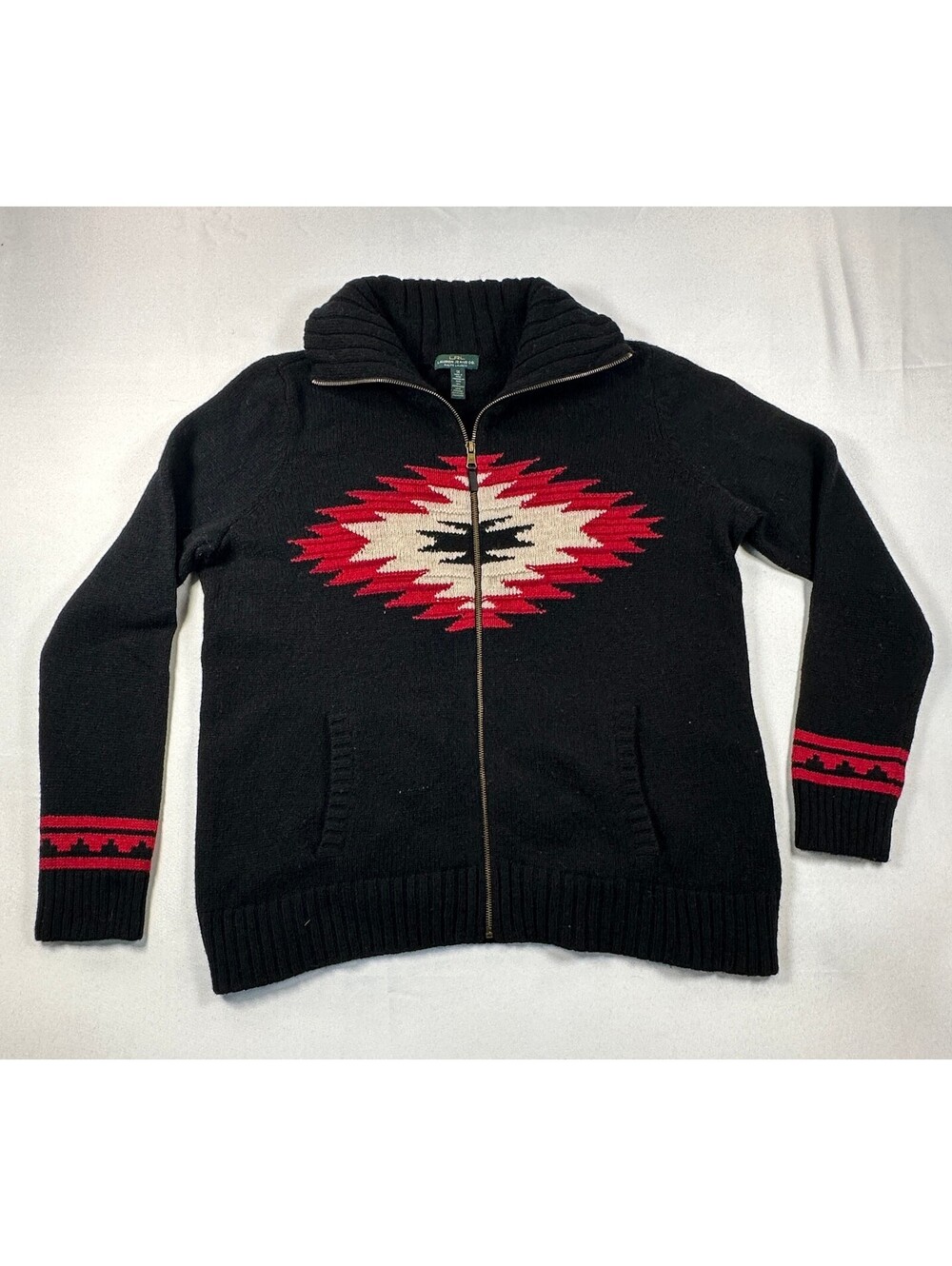 Lauren Ralph Lauren Lambswool Aztec Sweater BLK 1X Full Zip Southwest Cardigan